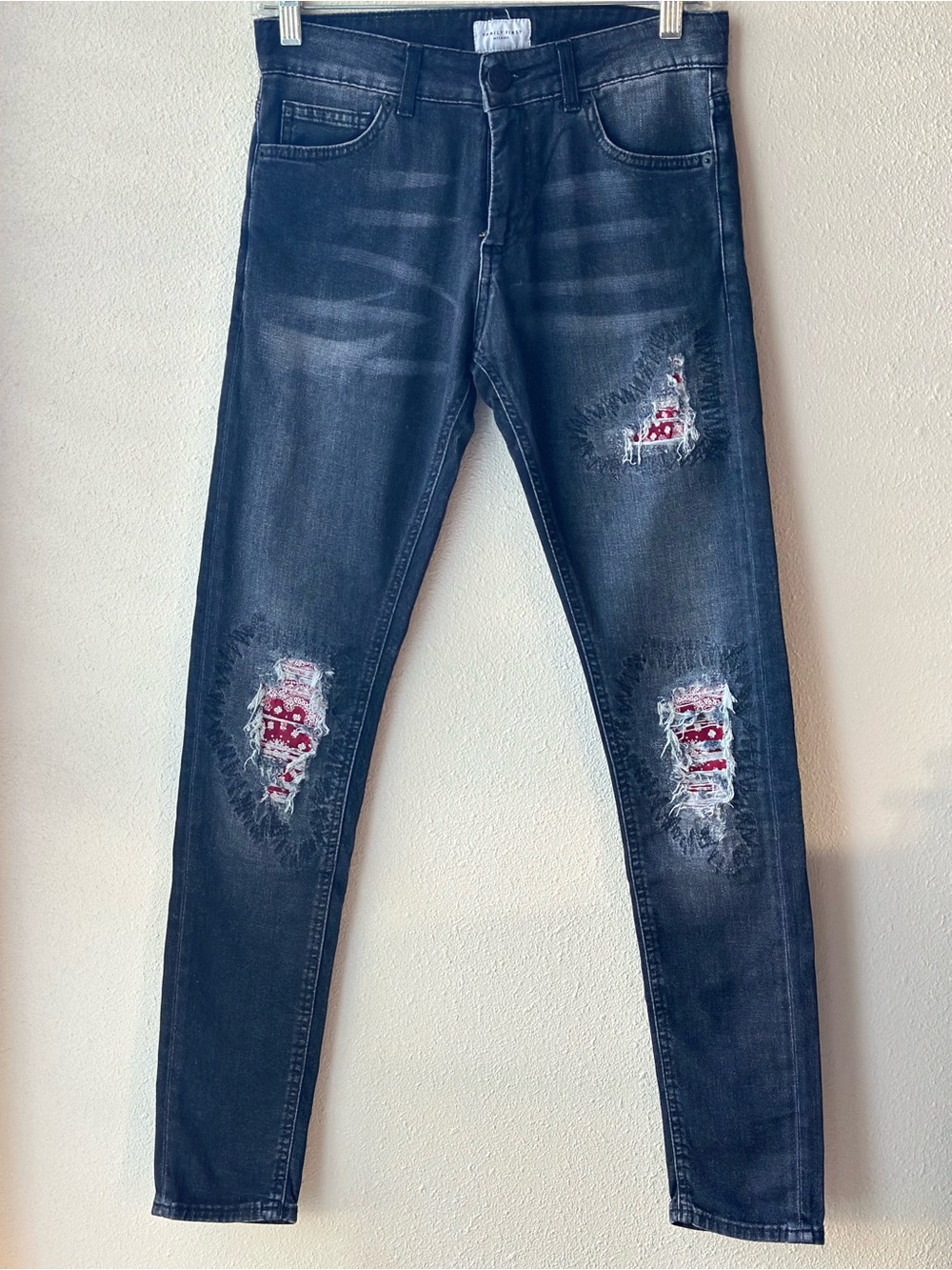 Family First Milano Men's Black Wash Slim Jeans with Red Patch Distress